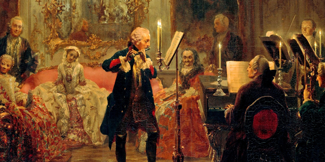 Federico il Grande suona il flauto nel suo palazzo Sanssouci. Dipinto di Adolph Menzel (1850–52)